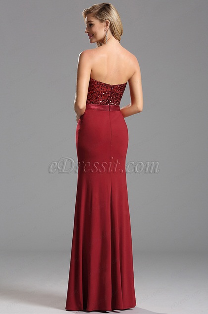 red sequin strapless gown