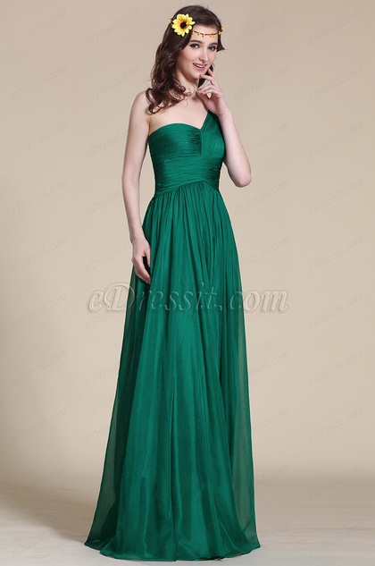 One Shoulder Dark Green Empire Waist Evening Dress (07151304)