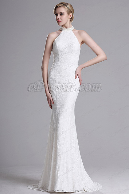 white halter mermaid dress