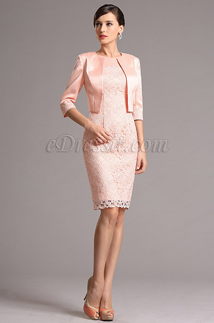 Pink Mid Sleeves Knee Length Two Pieces Cocktail Dress (26161501) Pink Mid Sleeves Knee Length Two Pieces Cocktail Dress (26161501)