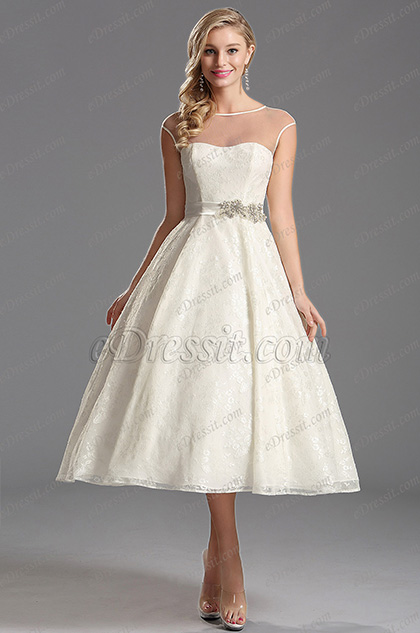 Illusion Sweetheart Neckline Tea Length Wedding Dress X01150113