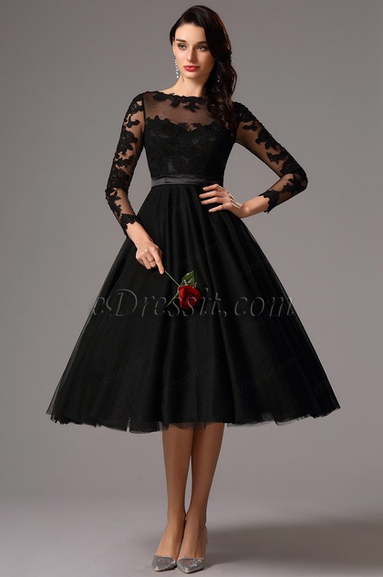 Long Lace Sleeves Tea Length Black 