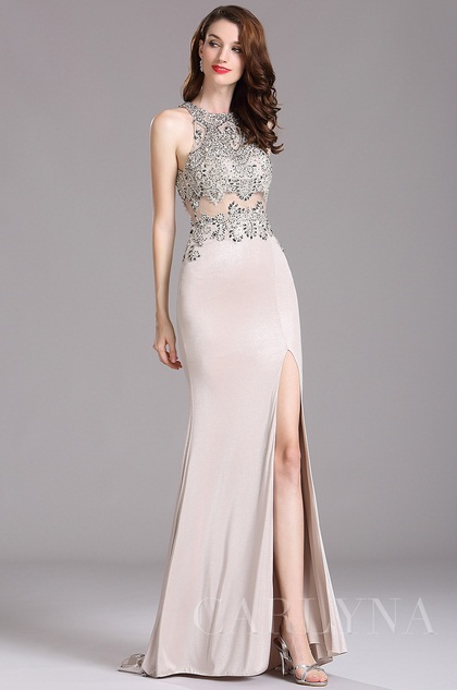 Carlyna Silver Sleeveless Beaded Prom Dress with Slit Skirt (E62426)