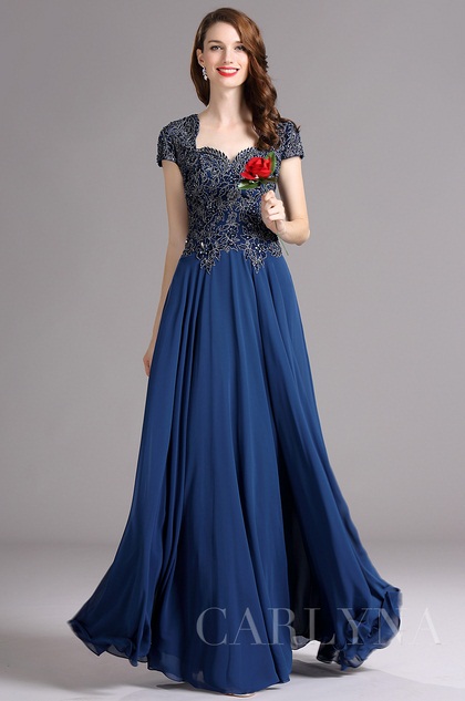 Carlyna Blue Cap Sleeves Beaded Prom Dress Formal gown (E61305)