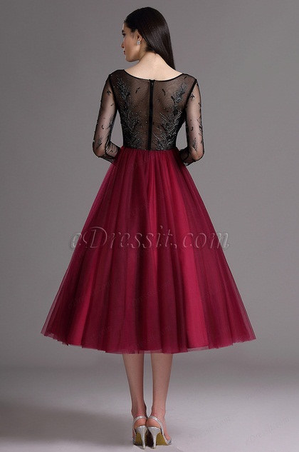 eDressit Burgundy Tea Length Cocktail Evening Dress with Embroidery ...