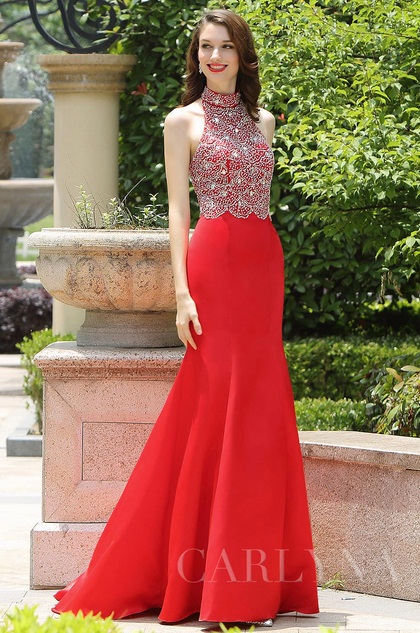 Red Beaded Halter Prom Dress