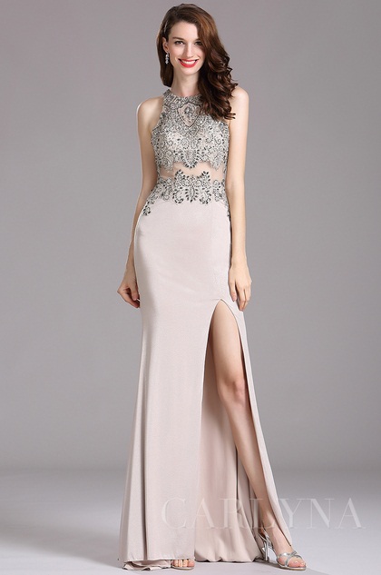 Carlyna Silver Sleeveless Beaded Prom Dress with Slit Skirt (E62426)