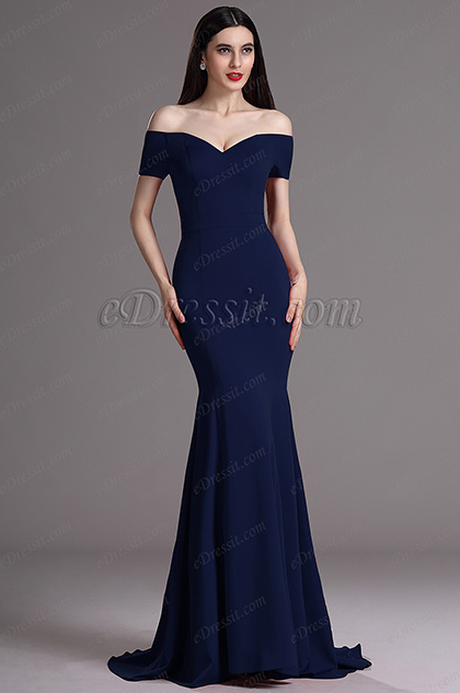 navy blue off the shoulder mermaid dress