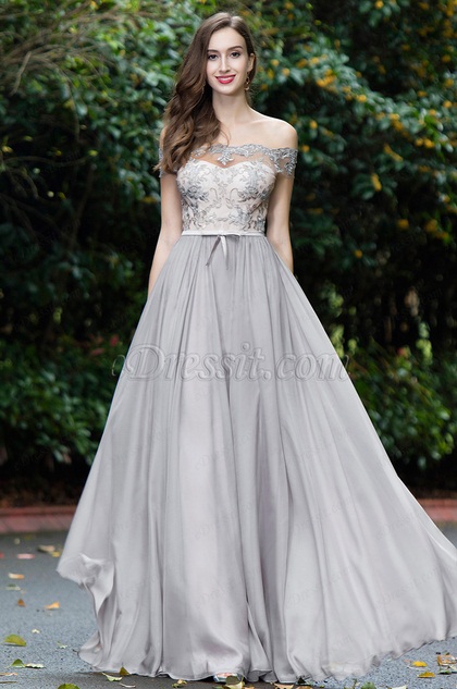 off shoulder gown with lace