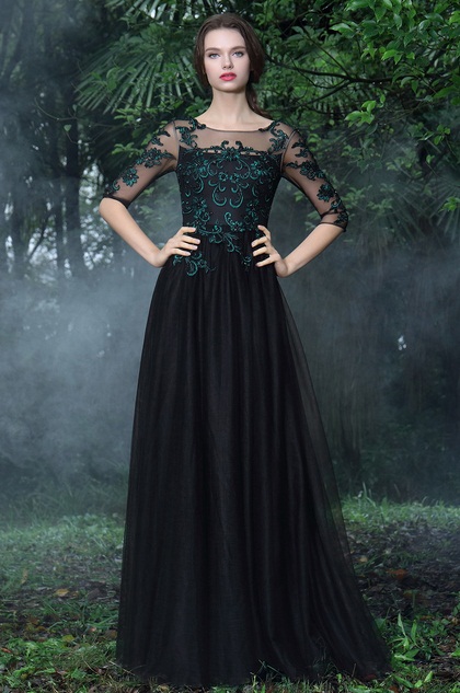 green and black ball gown