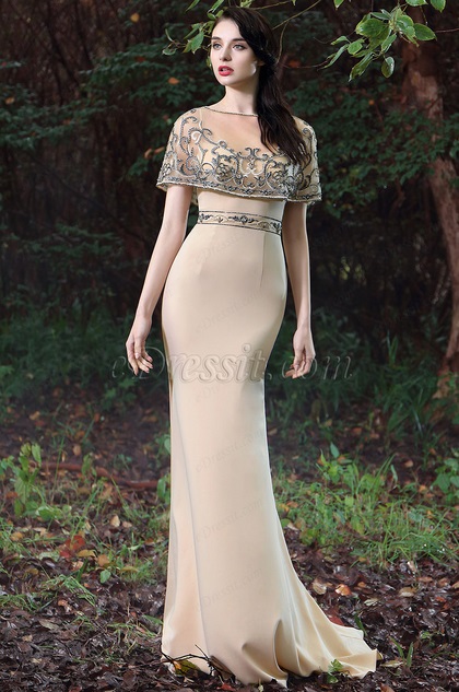 Beige Cape Embroidery Beaded Evening Gown