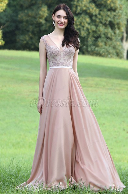 Blush Sexy Prom Dress with Lace and Beads