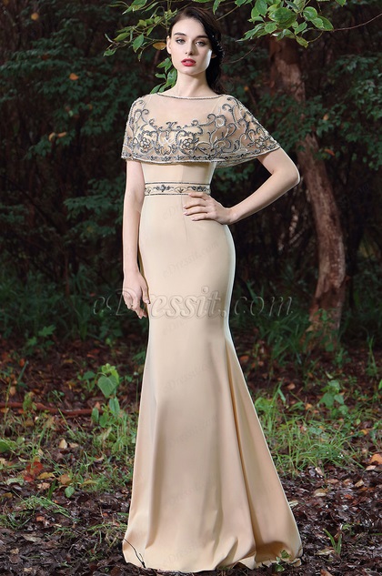 beige cape beaded evenig gown