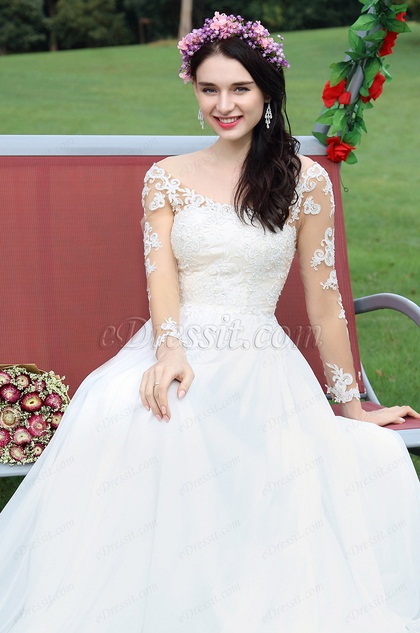 Long Sleeves Lace Beaded Bridal Dress