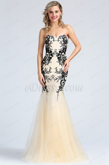 Strapless Beige Beaded Embroidery Prom Dress 