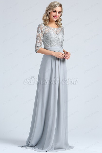 long sleeve grey prom dress