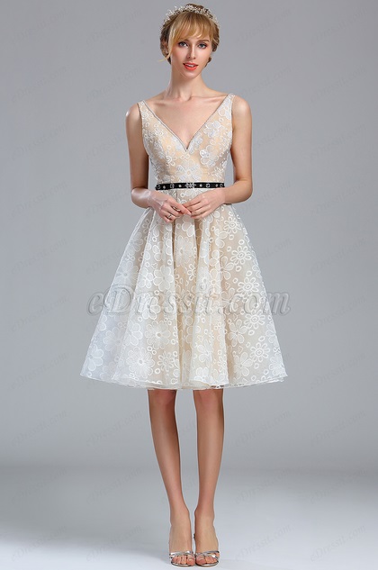 Ivory Plunging V Neck Lace Cocktail Party dress 