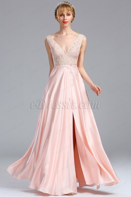 Sleeveless Pink Plunging V Neck Embroidery Casual Dress