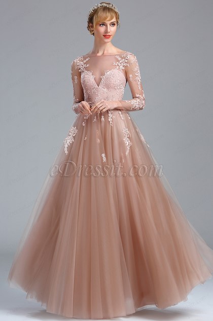 Elegant Blush Lace Appliques Princess Evening Dress 