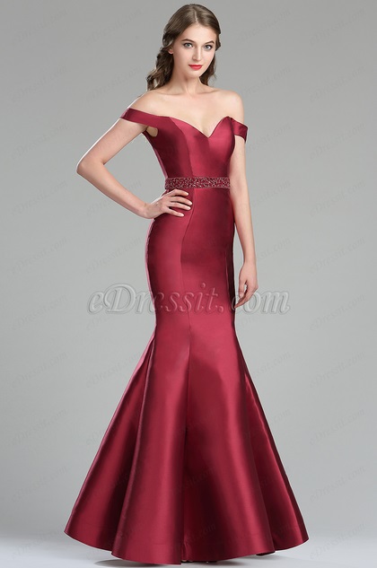 red off the shoulder evening gown