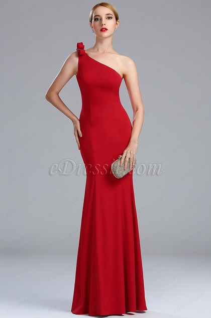 one shoulder red gown