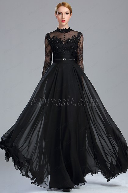 eDressit Long Sleeves Black Lace Beaded Prom Dress 2017 