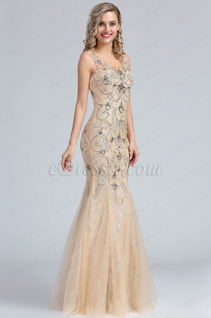 beige beaded gown