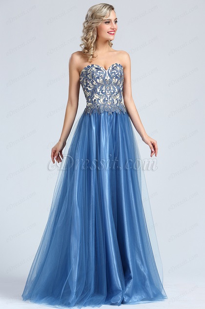 Strapless Blue Beaded Embroidery Evening Dress 