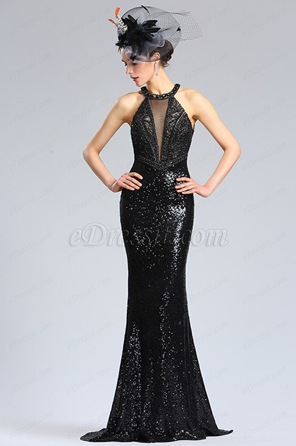 Halter Neck Black Sequins Prom Evening Dress 