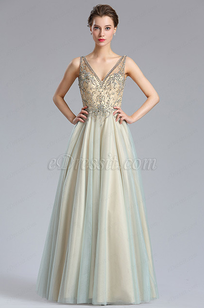 Sparkly V Cut Beaded Women Evening Dresses 