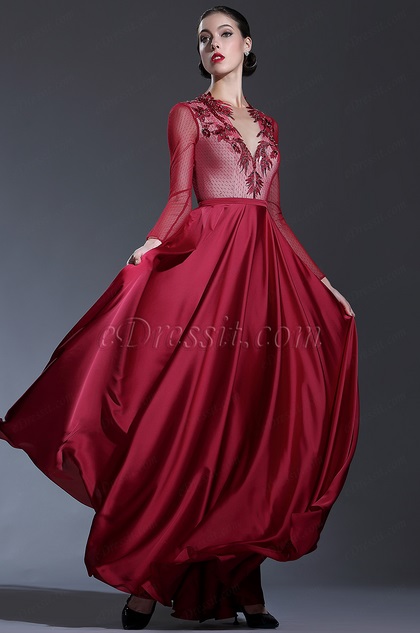 burgundy evening gowns with sleeves