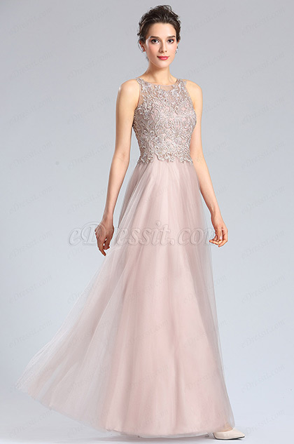Halter Neck Embroidery Bodice Prom Dress Formal Gown