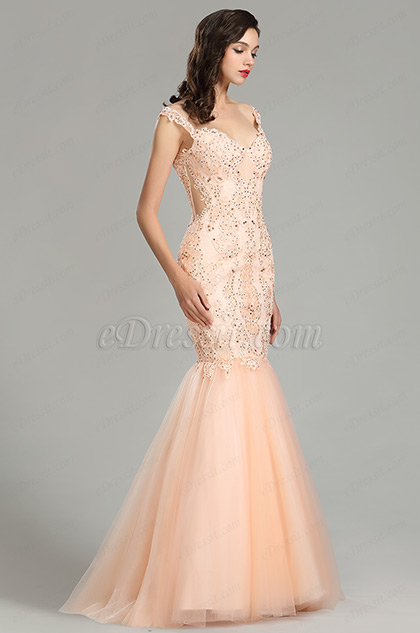 Peach Strap Prom Gown Mermaid Party Dress 