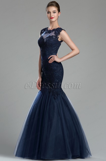 Sparkly Navy Blue Beaded Lace Prom Gown 