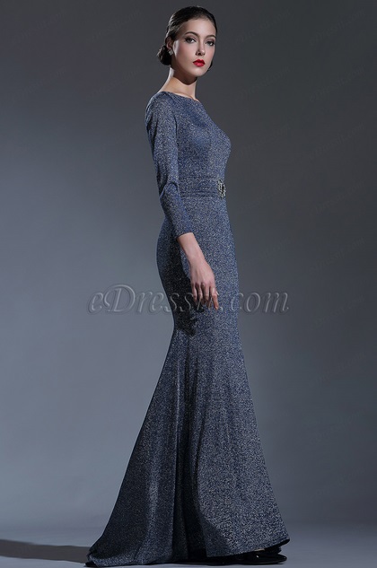 midnight blue gown with sleeves