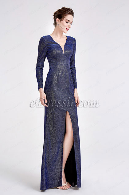 eDressit Blue V-Neck Shiny Long Sleeve Party Ball Dress