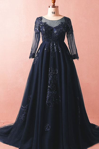 Edressit Navy Blue Sleeves Long Prom Dress Plus Size Dress