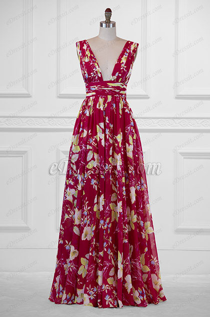 Red V-Cut Strapless Print floral Evening Dress 