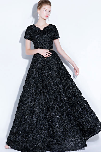 Black Short Sleeves Long Party Evening Ball Dress 