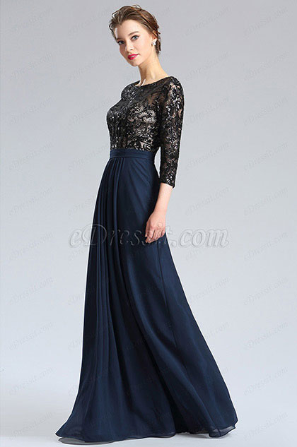 Black&Blue 3/4 Sleeves Mother of the Bride Dress