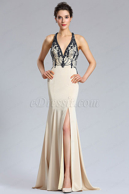 Sexy V- Cut Halter Women Evening Party Dress 