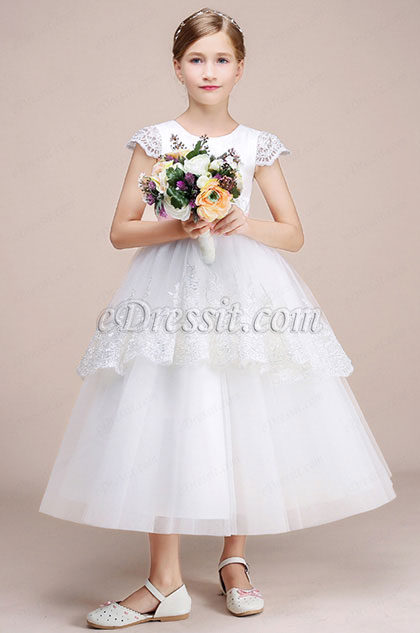 White Lace Long Wedding Flower Girl Dress 