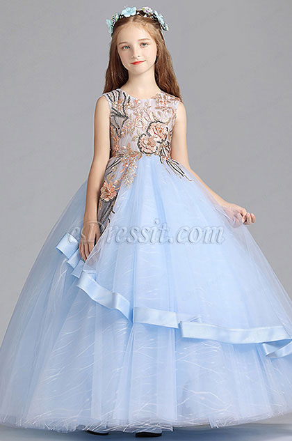 Princess Blue Children Wedding Flower Girl Dress 