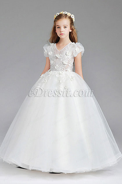 Lace Short Sleeves Wedding Flower Girl Party Dress 