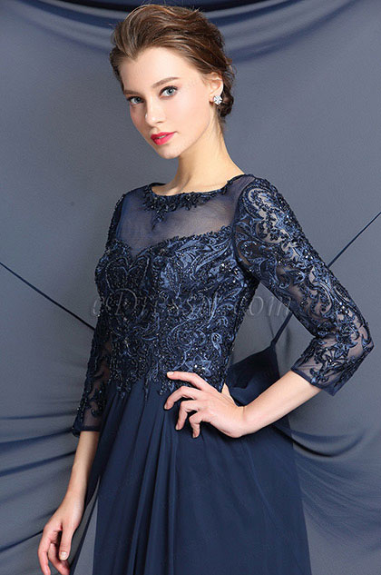 Sleeves Navy Blue Evening Dress Formal Gown