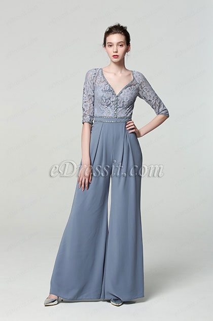 eDressit New Grey V Cut Lace Sleeves Jumpsuit Dress (02190108)