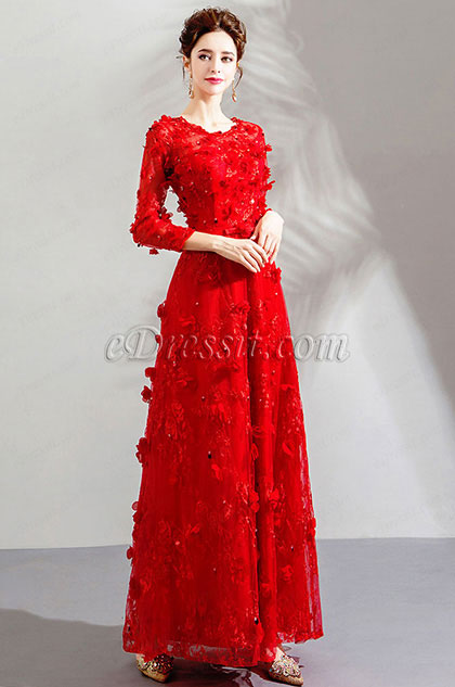 Red Long Sleeves Lace Party Prom Evening Dress 