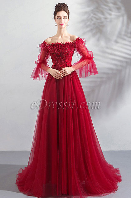 Red Off Shoulder Sleeves Party Evening Dress 