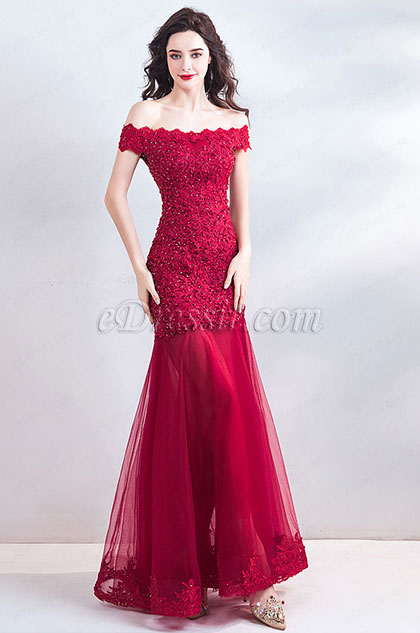 red off the shoulder formal gown