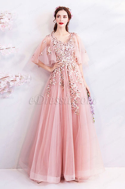 Pink Cape V-Cut Embroidery Party Prom Dress 